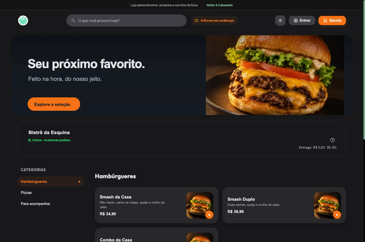 Front real da loja de delivery Catavento com produtos fictícios