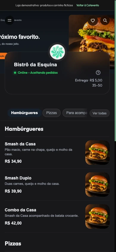 Bistrô da Esquina no celular, usando o front original Catavento