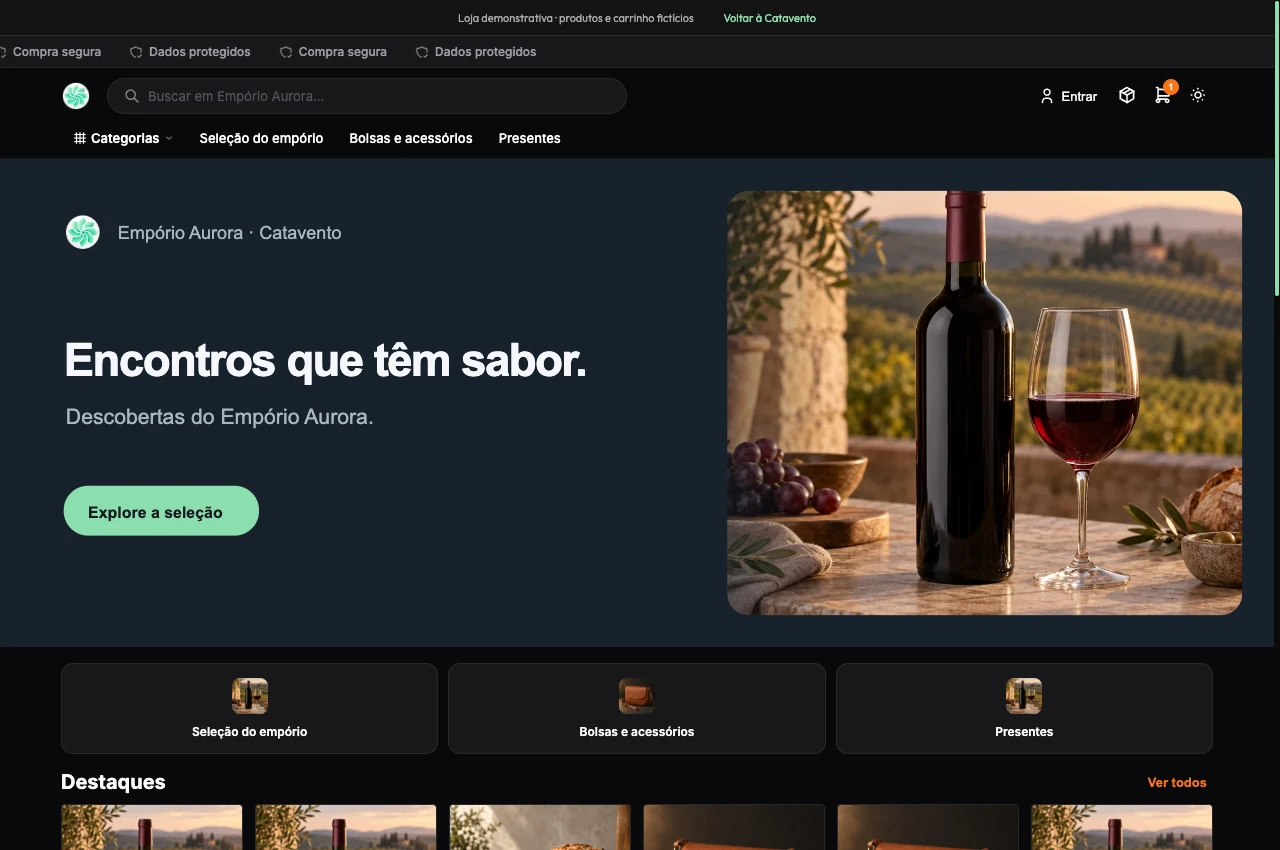 Front real da loja online Catavento com produtos fictícios